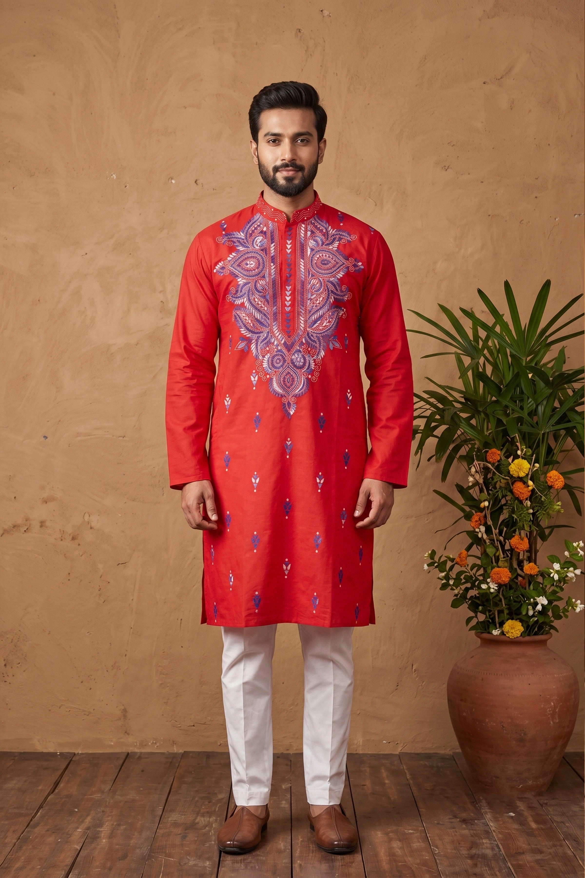 Red Pure Cotton with Kantha Work (Hand Embroidery) Panjabi