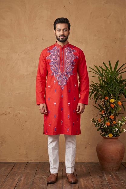Red Pure Cotton with Kantha Work (Hand Embroidery) Panjabi