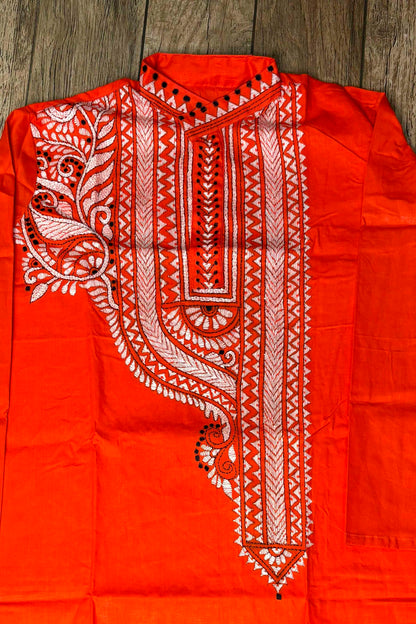 Red Pure Cotton with Kantha Work (Hand Embroidery) Panjabi