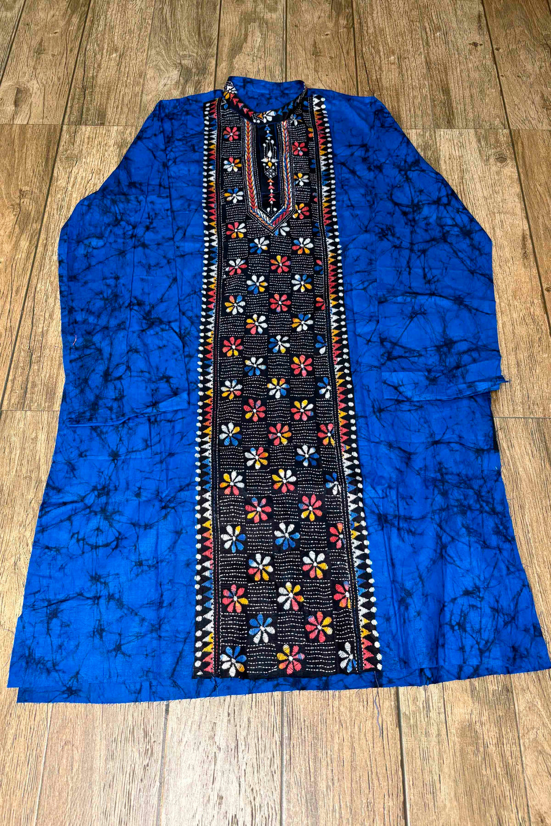 Blue Pure Cotton Batik with Kantha Work (Hand Embroidery) Panjabi