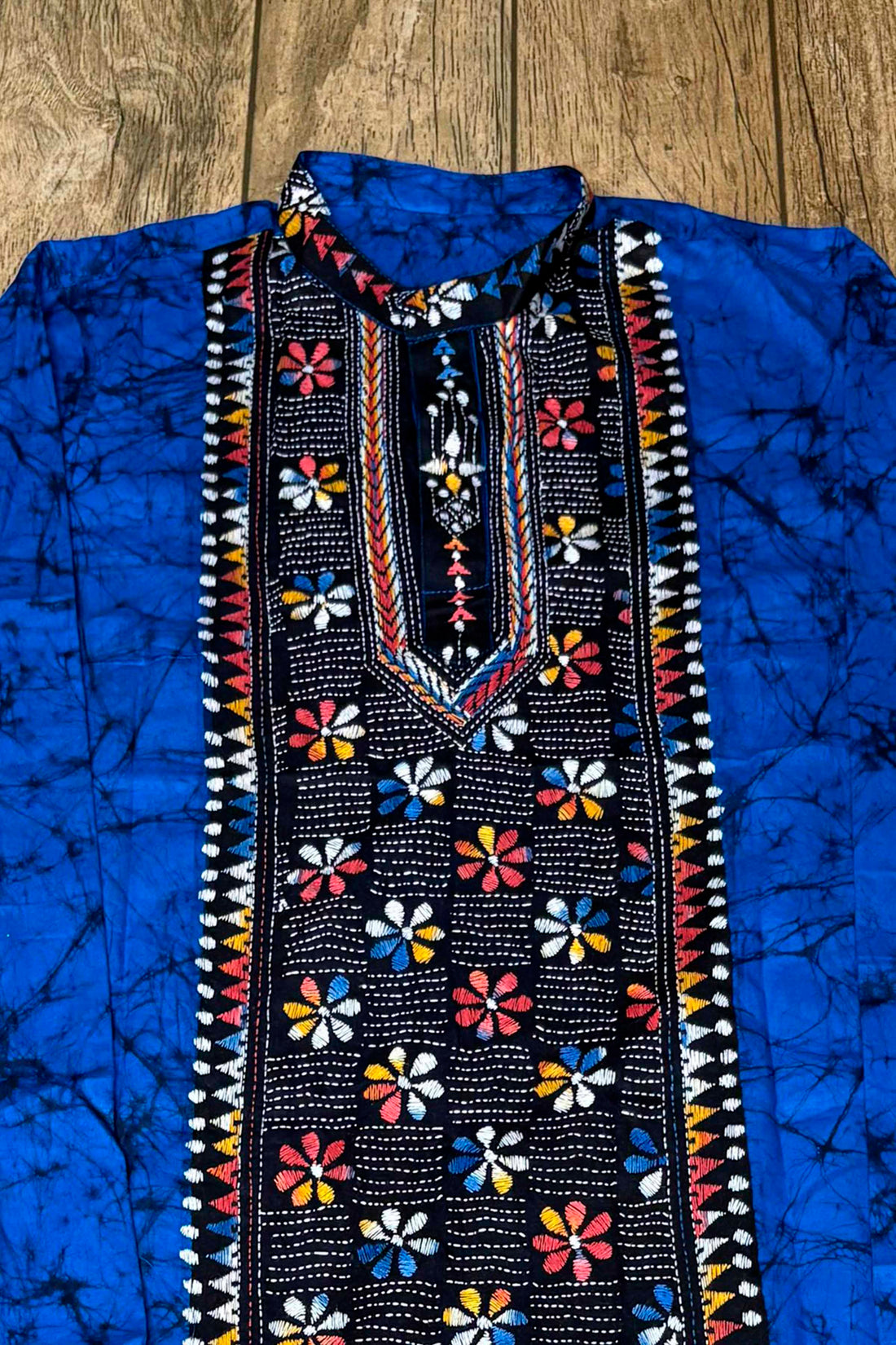 Blue Pure Cotton Batik with Kantha Work (Hand Embroidery) Panjabi