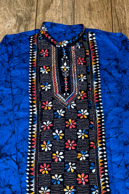 Blue Pure Cotton Batik with Kantha Work (Hand Embroidery) Panjabi
