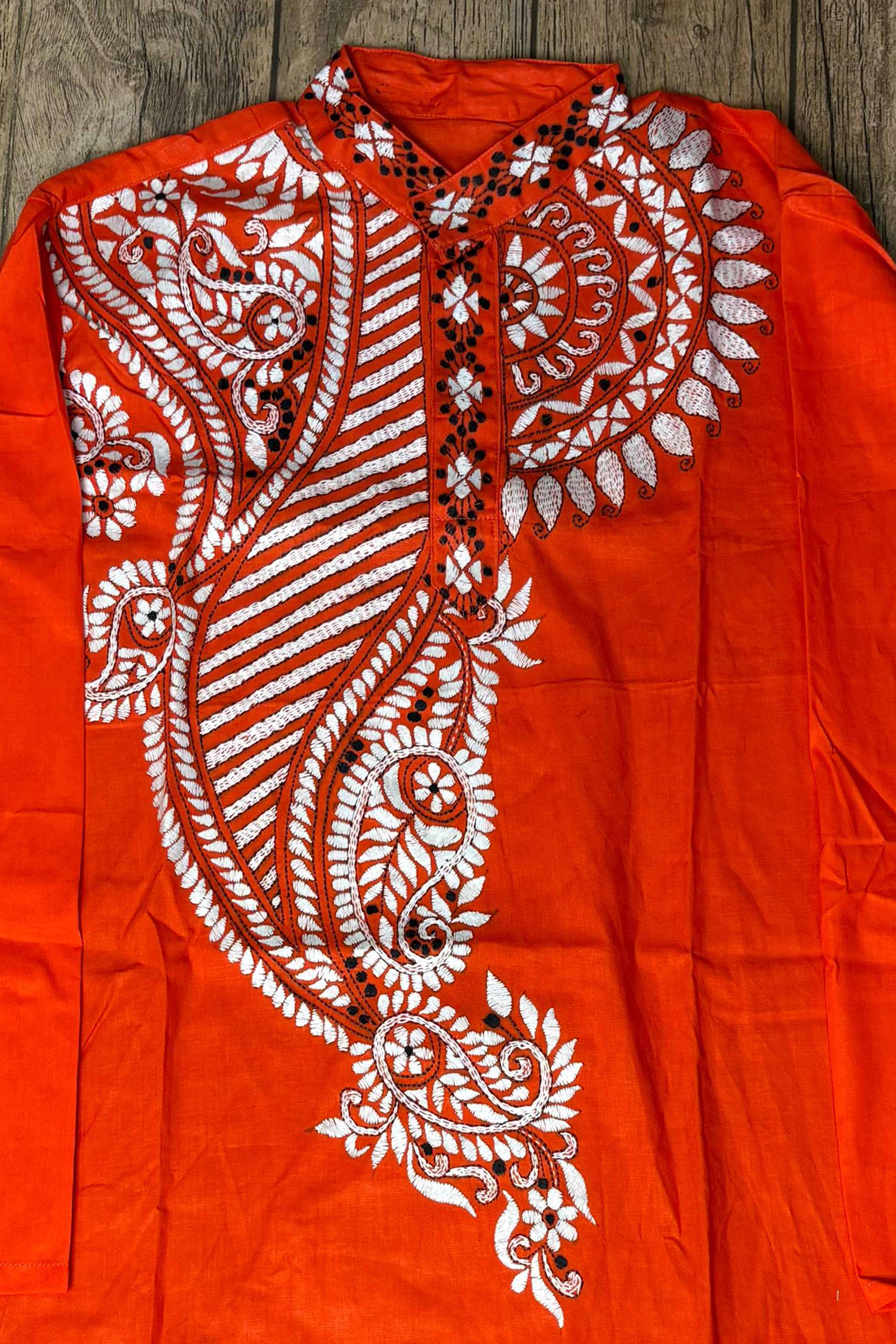 Red Pure Cotton with Kantha Work (Hand Embroidery) Panjabi