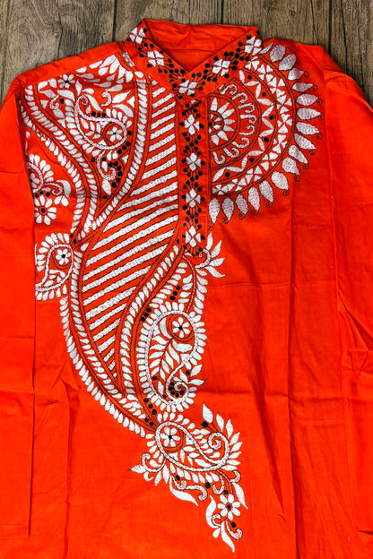 Red Pure Cotton with Kantha Work (Hand Embroidery) Panjabi