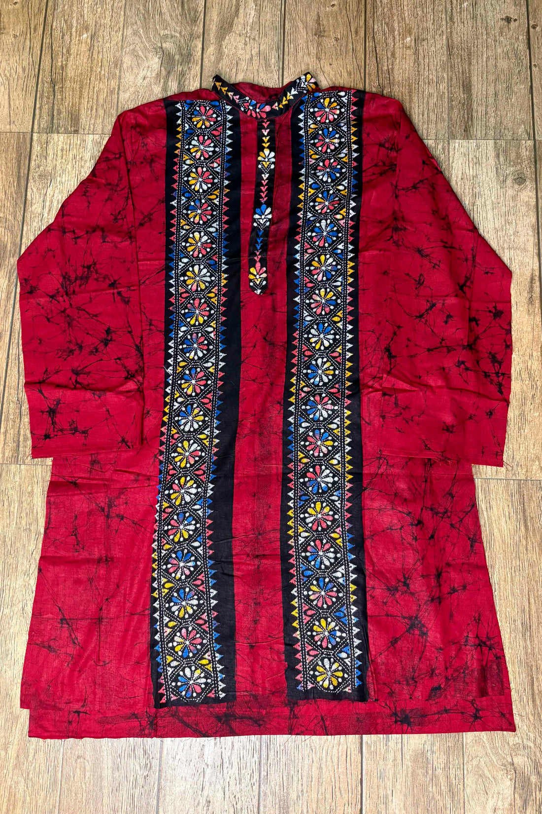 Maroon Pure Cotton Batik with Kantha Work (Hand Embroidery) Panjabi