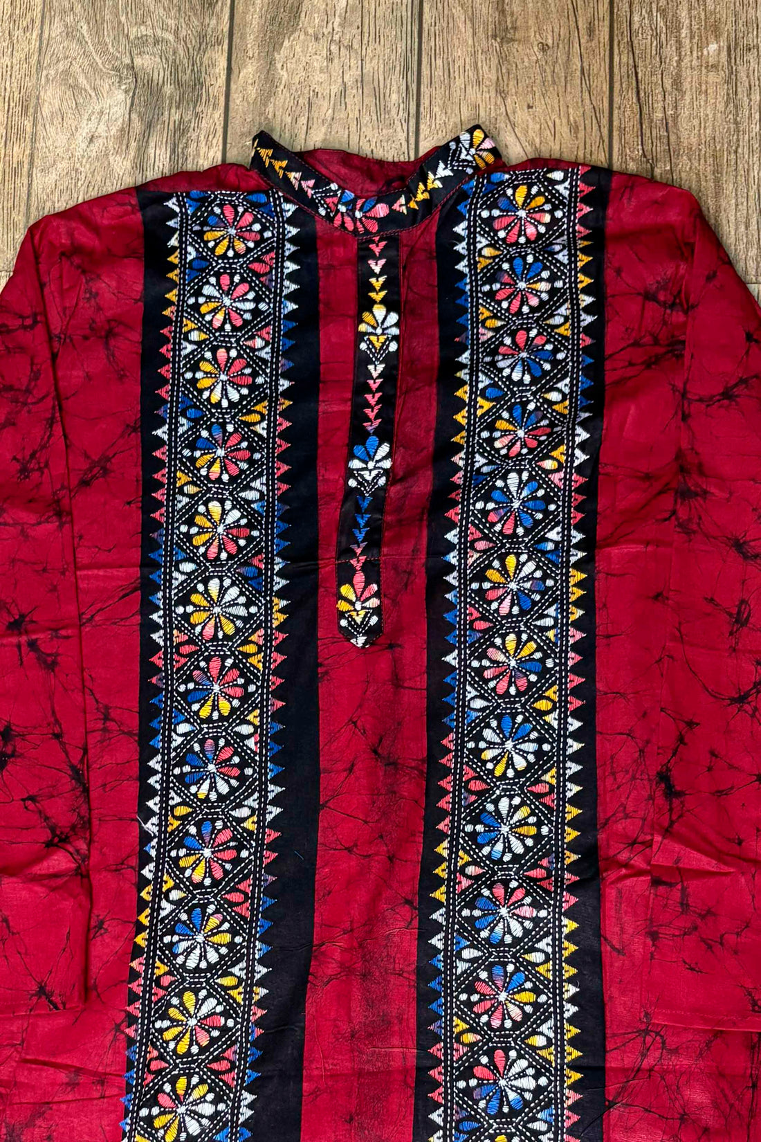Maroon Pure Cotton Batik with Kantha Work (Hand Embroidery) Panjabi