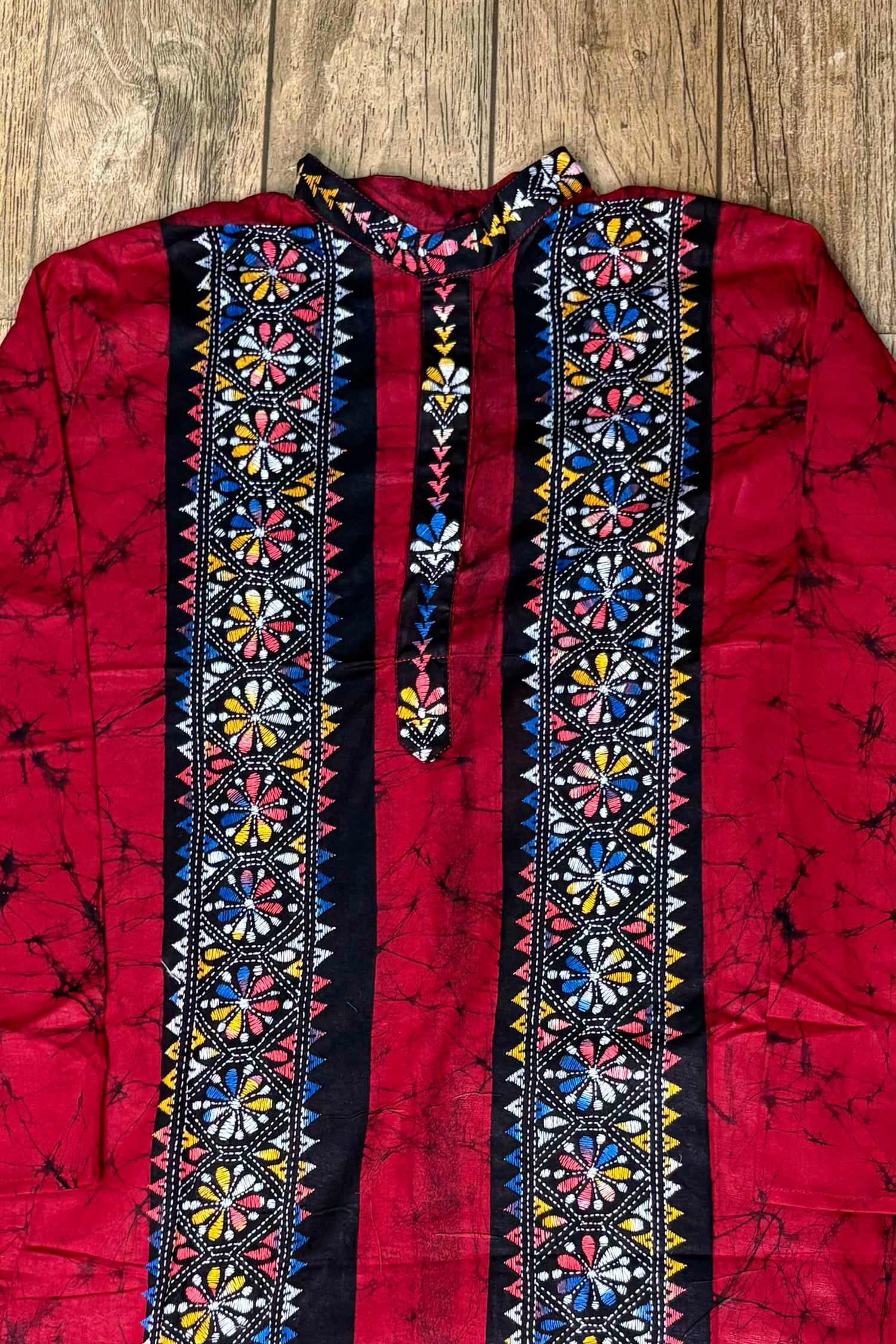 Maroon Pure Cotton Batik with Kantha Work (Hand Embroidery) Panjabi