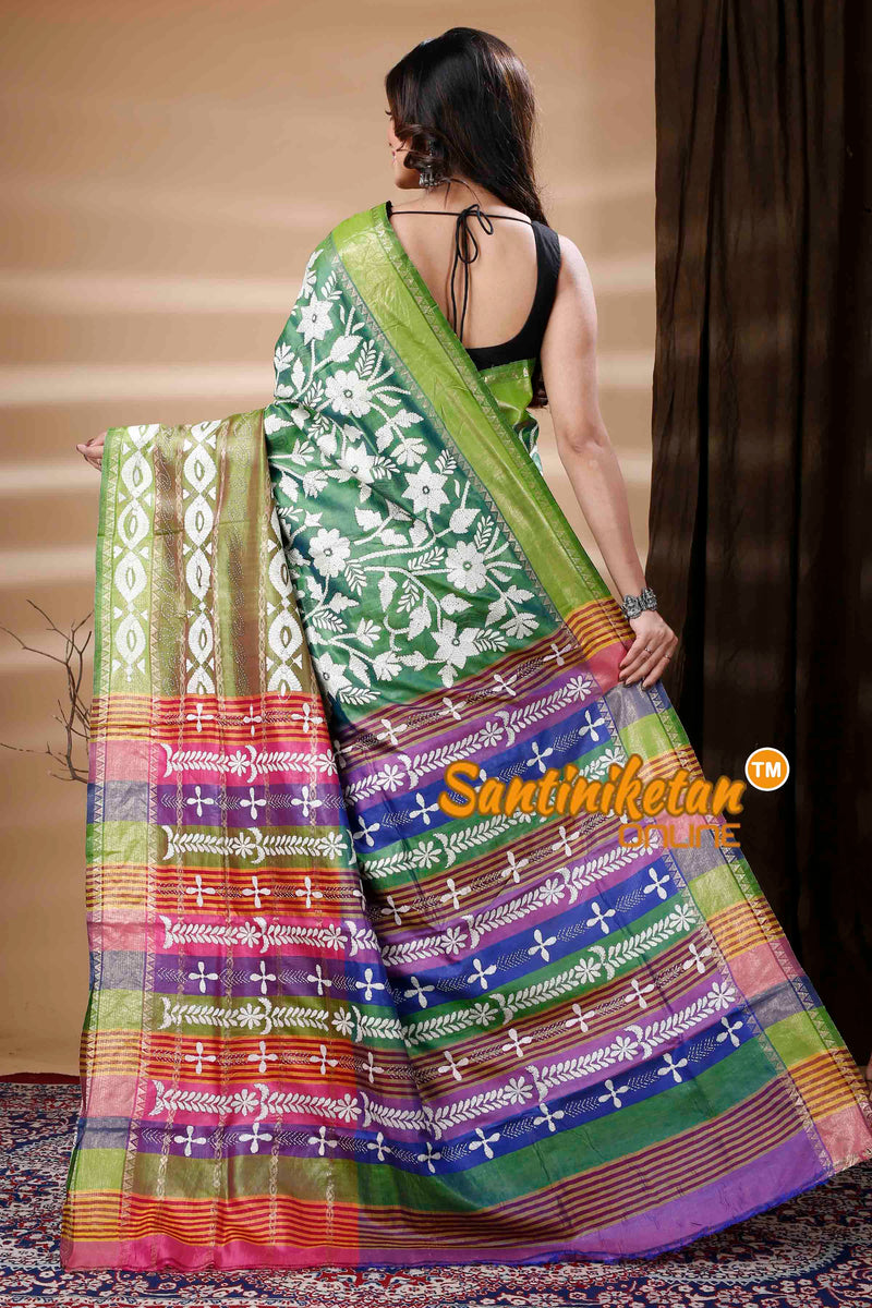 Bishnupuri (Katan) Silk Kantha Stitch Saree SN202310821