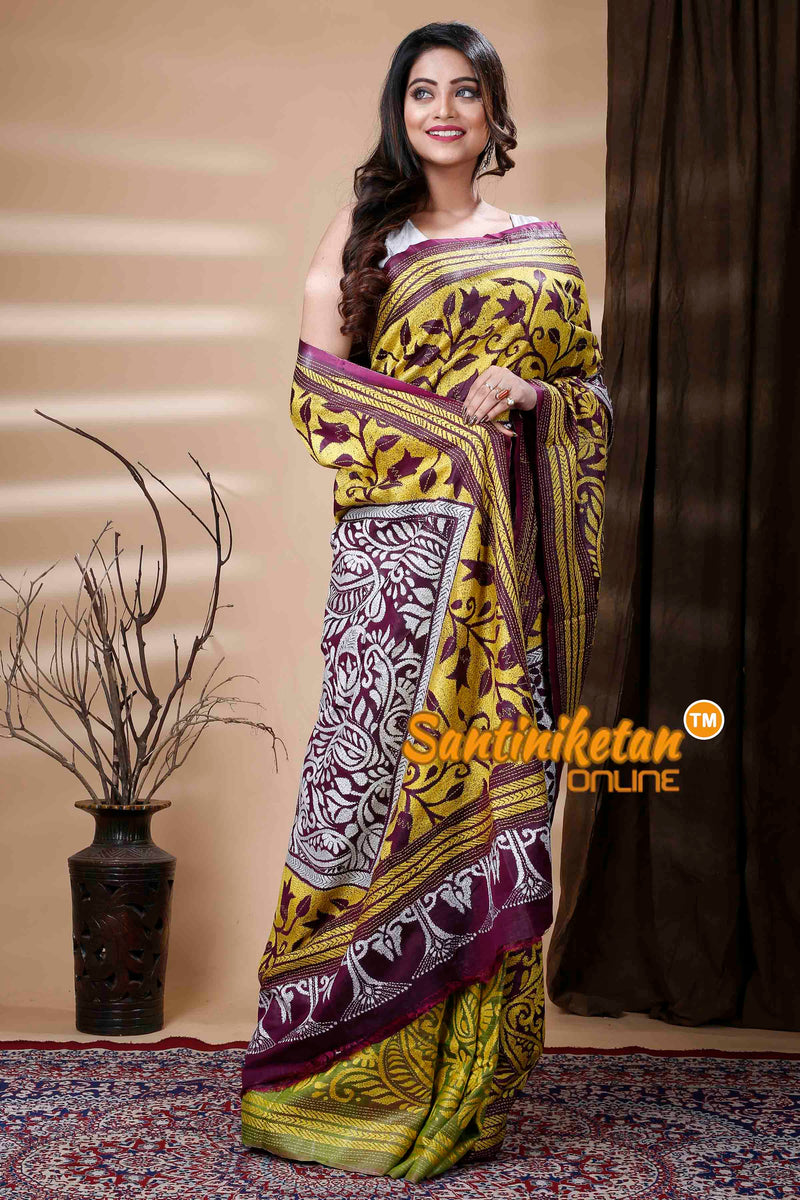 Bishnupuri (Katan) Silk Kantha Stitch Saree SN202310946