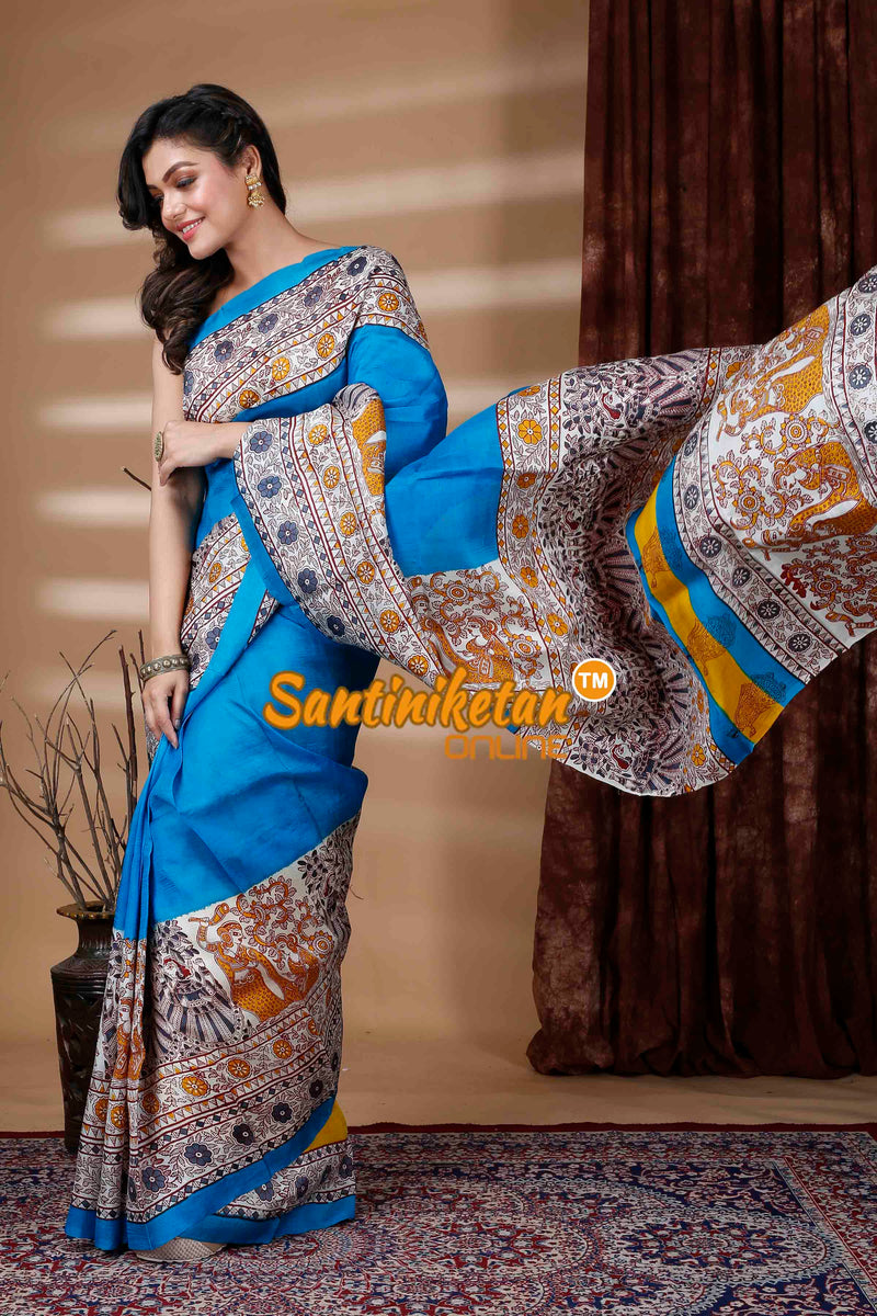 Hand Madhubani Block Paint On Murshidabad Silk Saree SN202311157