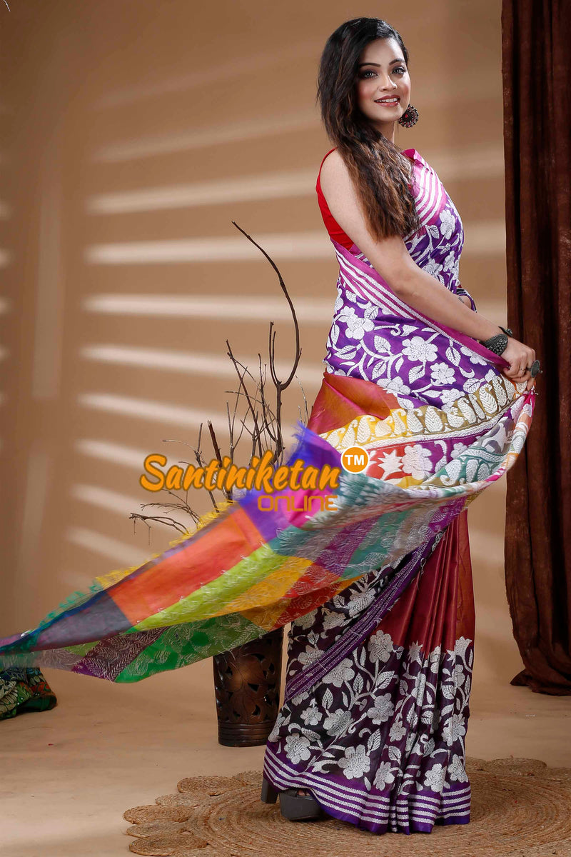 Bishnupuri (Katan) Silk Kantha Stitch Saree SN202311524
