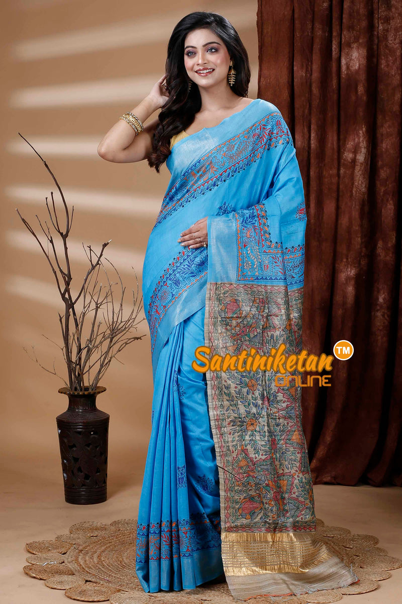 Staple Cotton Ghicha Madhubani Pallu(Anchal) Kantha Stitch (Hand Embroidery) Saree SN202311792
