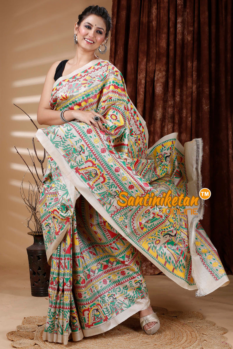 Pure Tussar Silk Handcrafted Madhubani Saree SN202312819