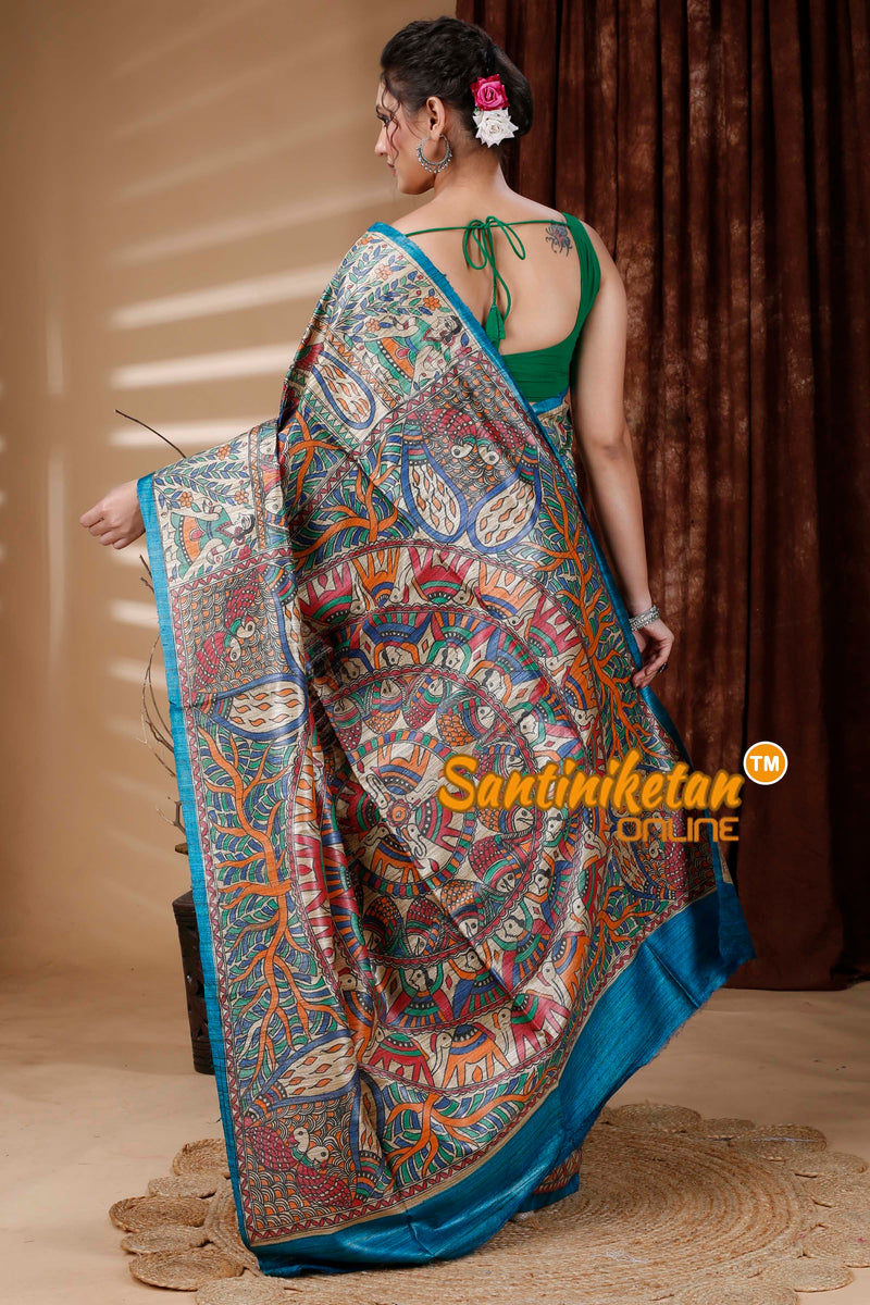 Pure Dye Tussar Ghicha Silk Handcrafted Madhubani Saree SN202312878