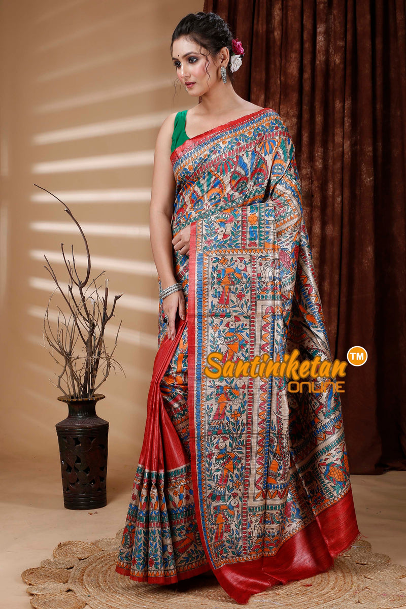 Pure Dye Tussar Ghicha Silk Handcrafted Madhubani Saree SN202312883