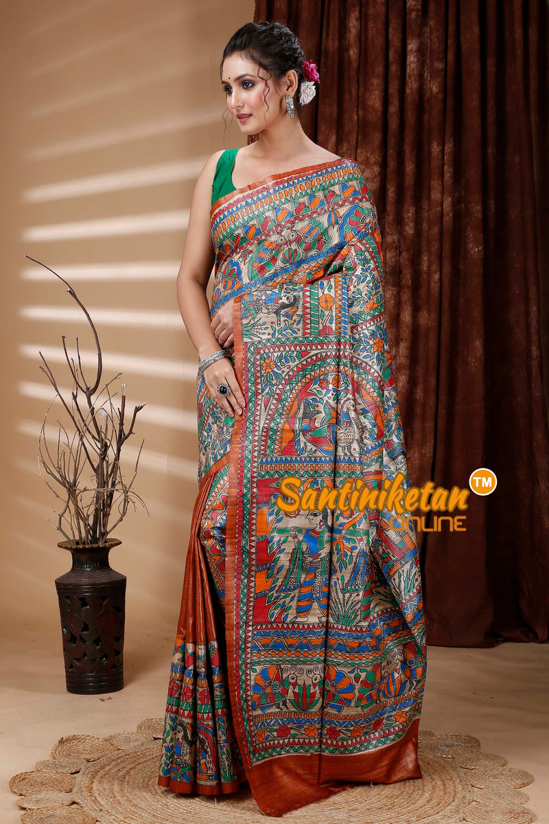 Pure Dye Tussar Ghicha Silk Handcrafted Madhubani Saree SN202312888
