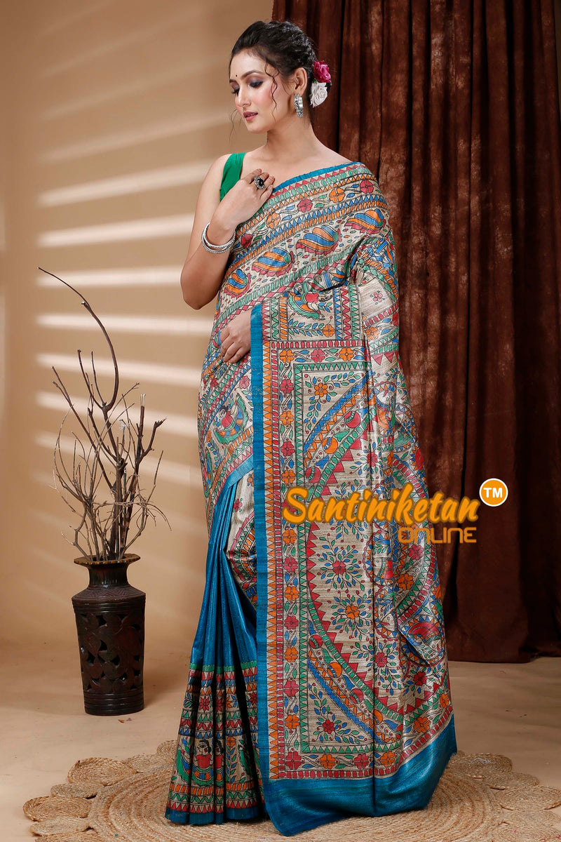 Pure Dye Tussar Ghicha Silk Handcrafted Madhubani Saree SN202312893