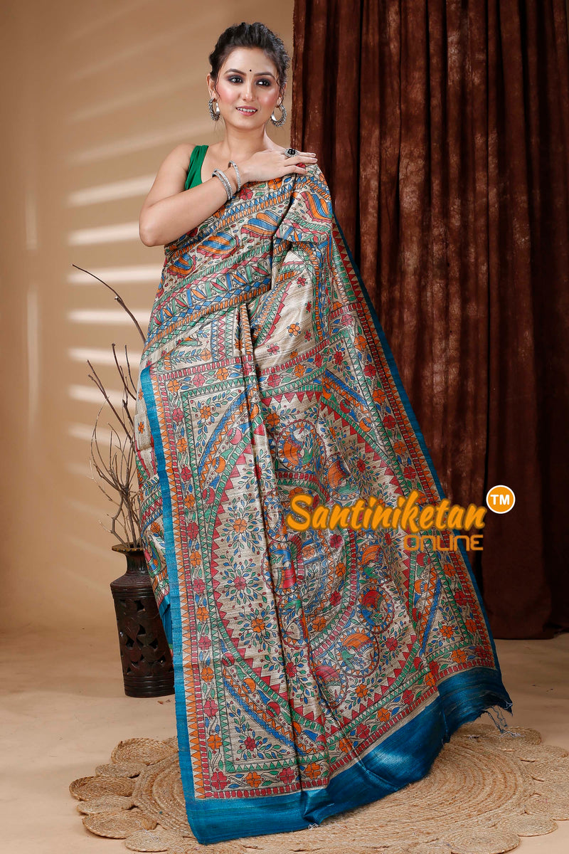 Pure Dye Tussar Ghicha Silk Handcrafted Madhubani Saree SN202312893