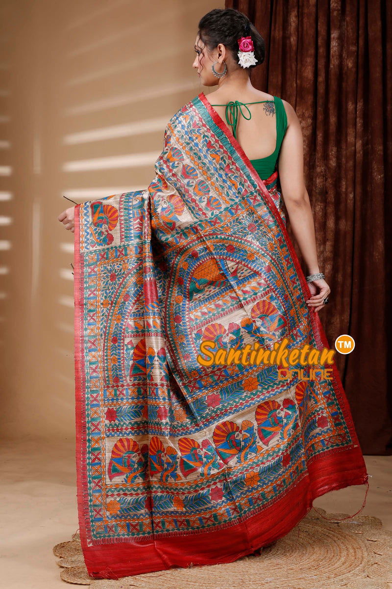 Pure Dye Tussar Ghicha Silk Handcrafted Madhubani Saree SN202312908
