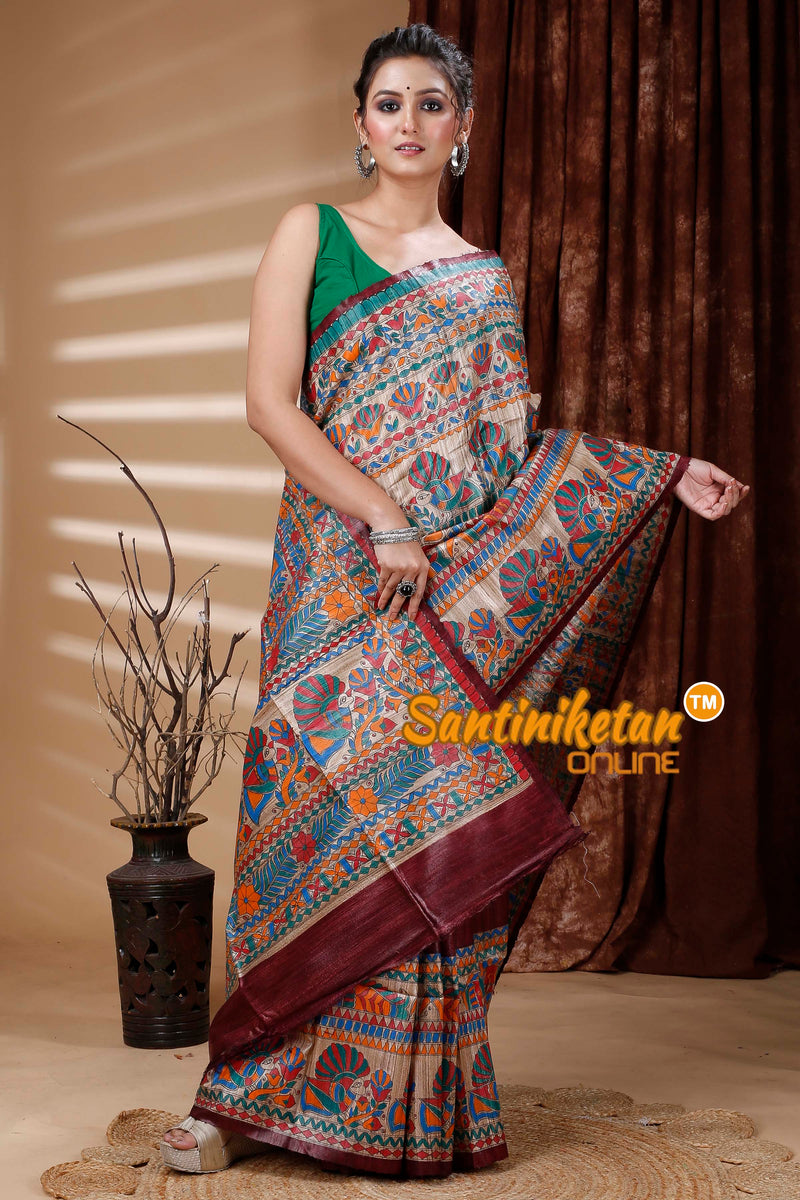 Pure Dye Tussar Ghicha Silk Handcrafted Madhubani Saree SN202312923