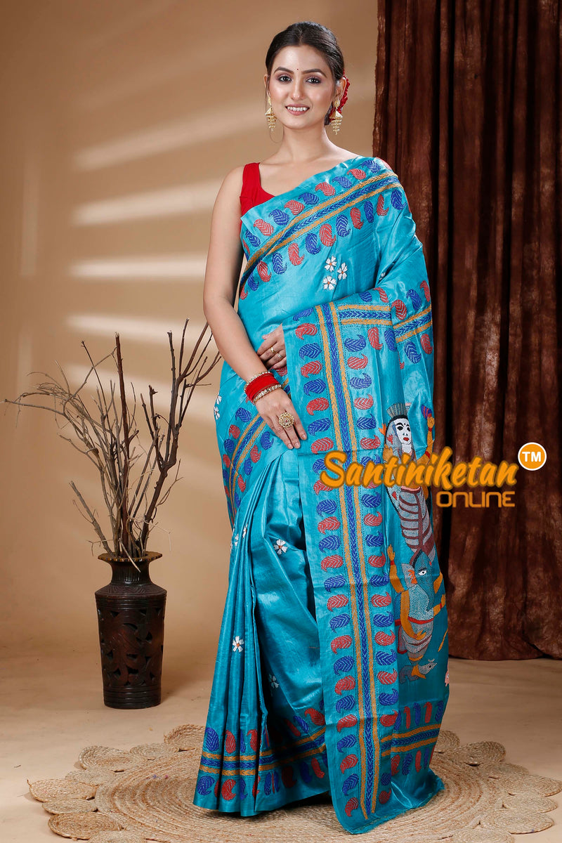 Dye Pure Tussar Silk Kantha Stitch Saree SN202313011