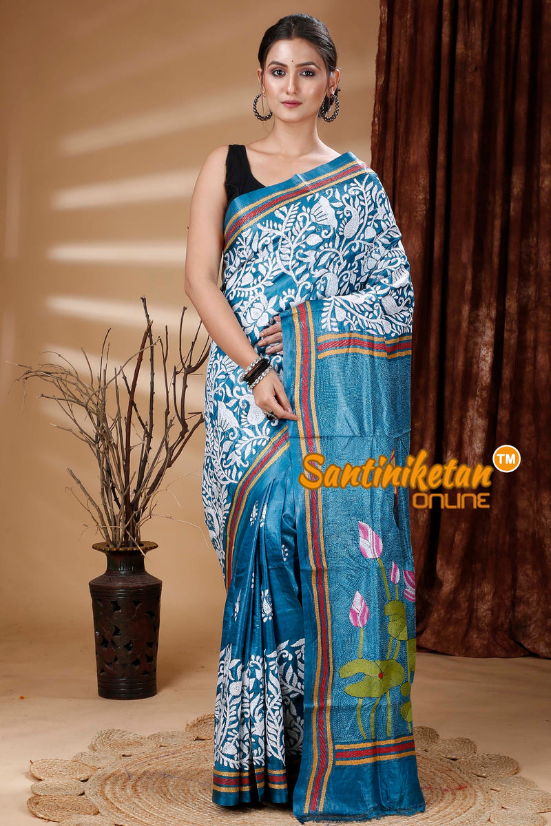 Dye Pure Tussar Silk Kantha Stitch Saree SN202313151