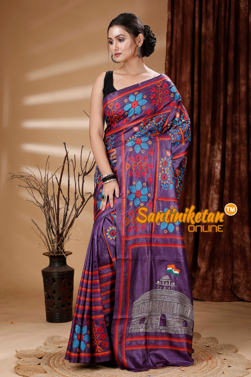 Dye Pure Tussar Silk Kantha Stitch Saree SN202313156