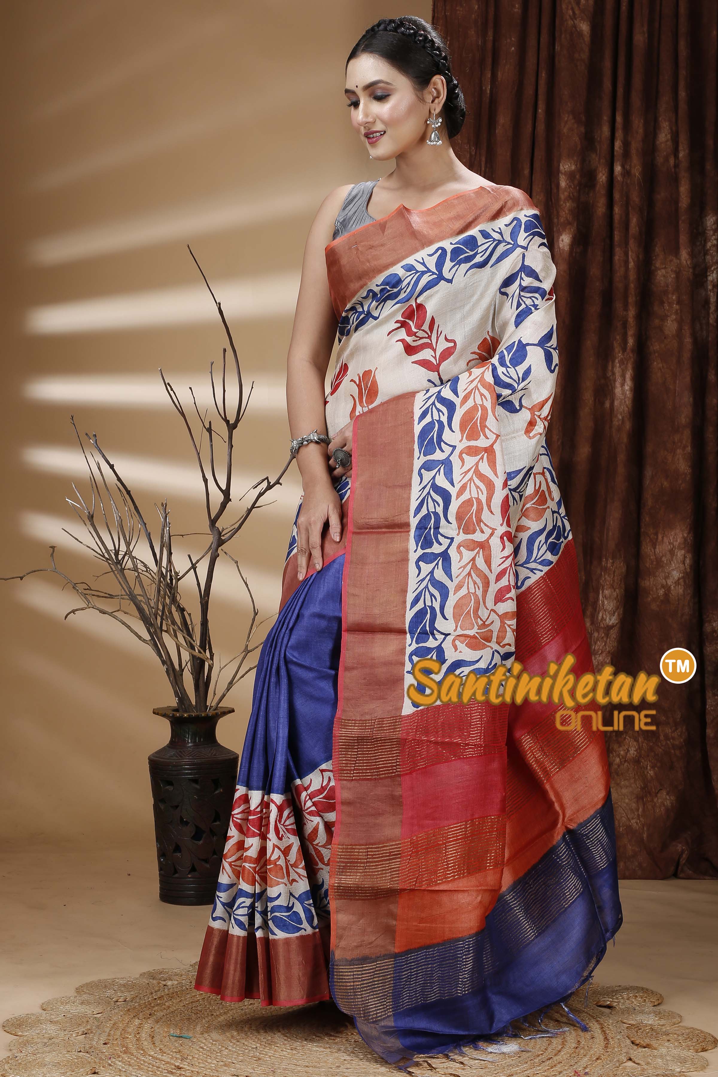 Pure Zari Tussar Hand Block Painted Saree SN202313495