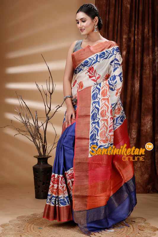 Pure Zari Tussar Hand Block Painted Saree SN202313495