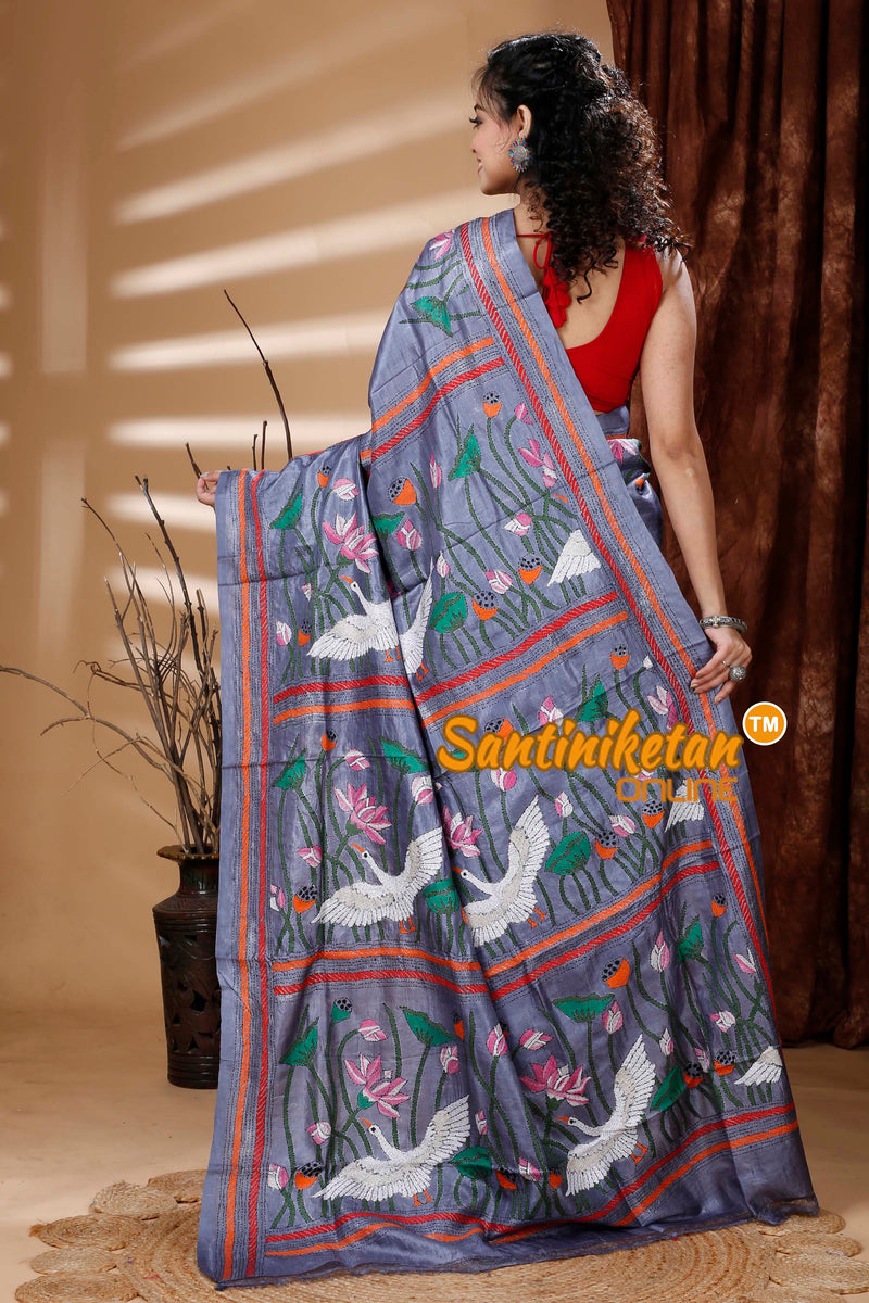 Dye Pure Tussar Silk Kantha Stitch Saree SN202313690