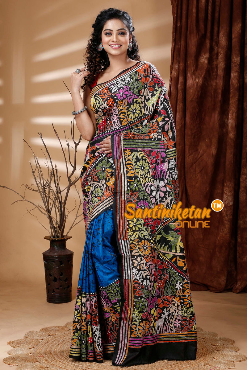 Pure Bangalore Silk Batik Kantha Stitch Saree SN202313695