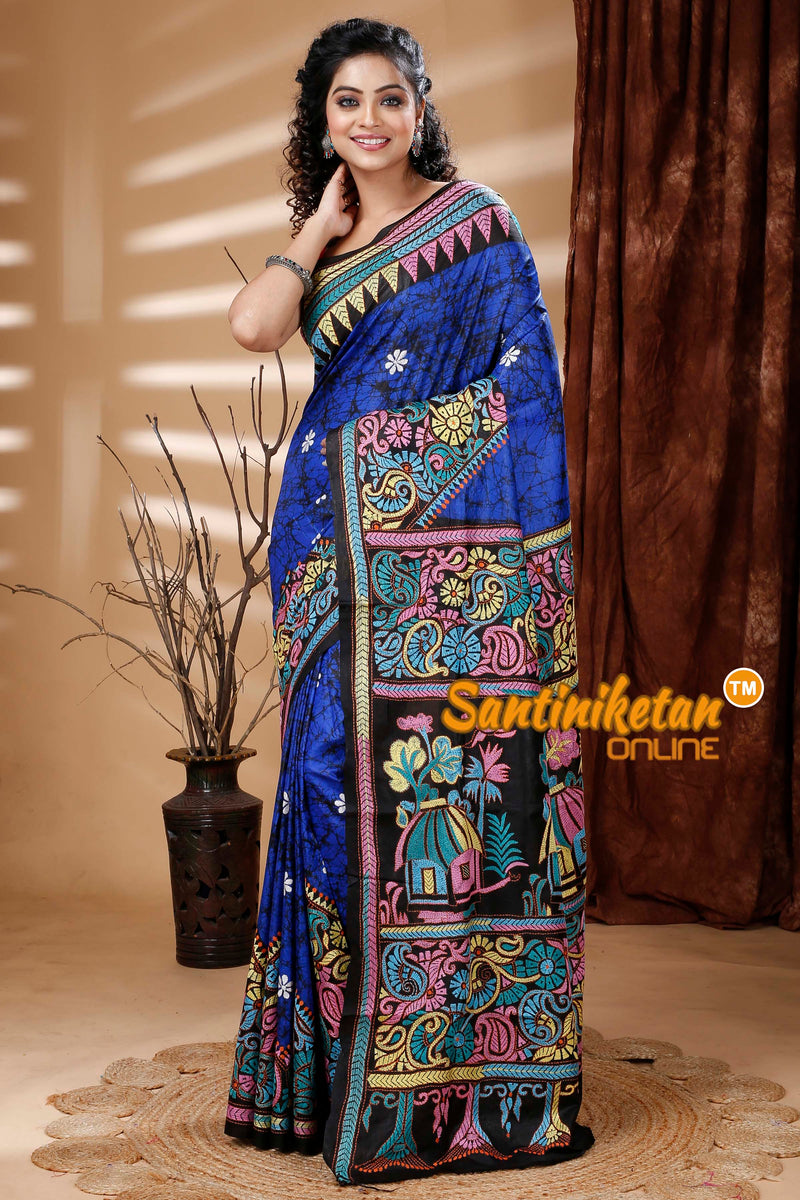 Pure Bangalore Silk Batik Kantha Stitch Saree SN202313715