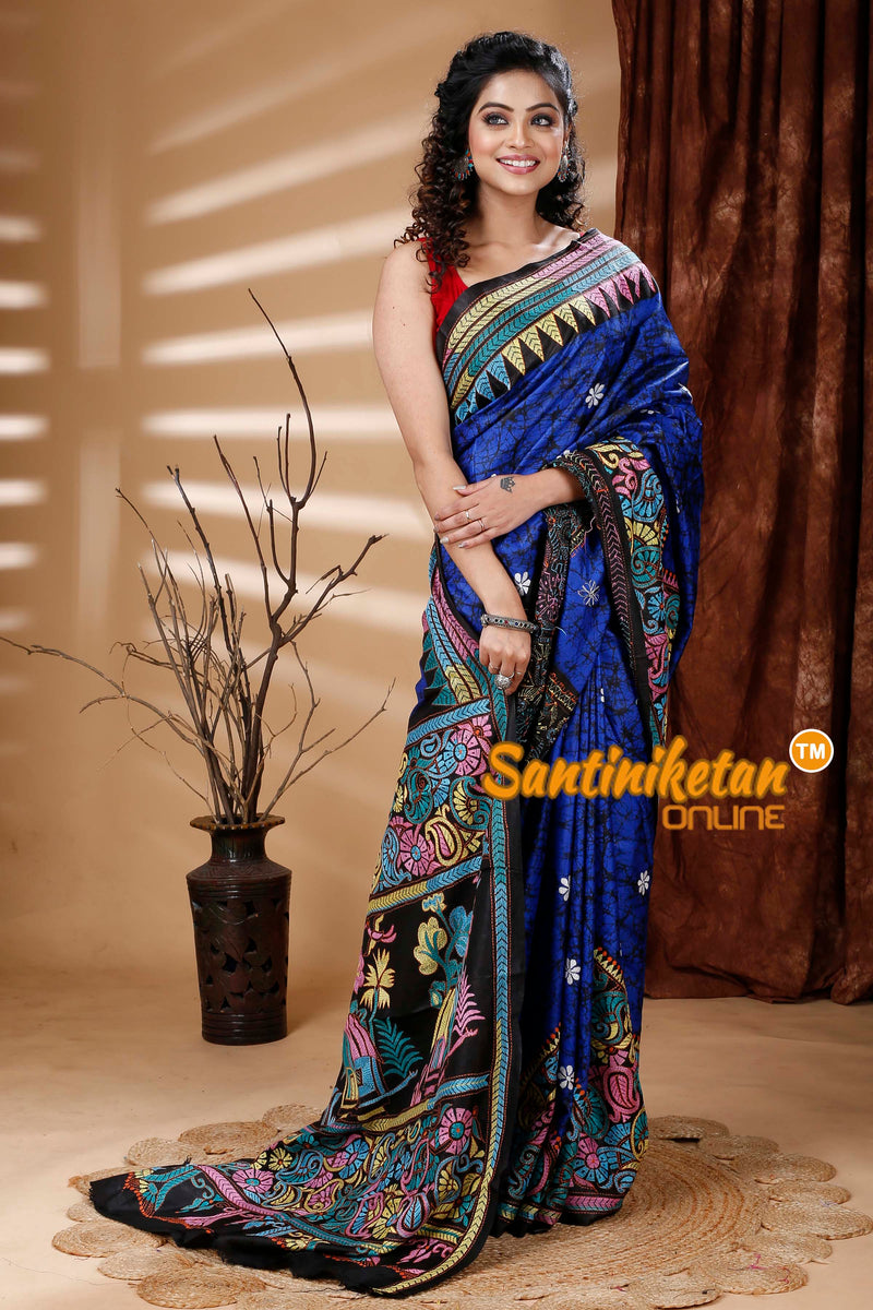 Pure Bangalore Silk Batik Kantha Stitch Saree SN202313715
