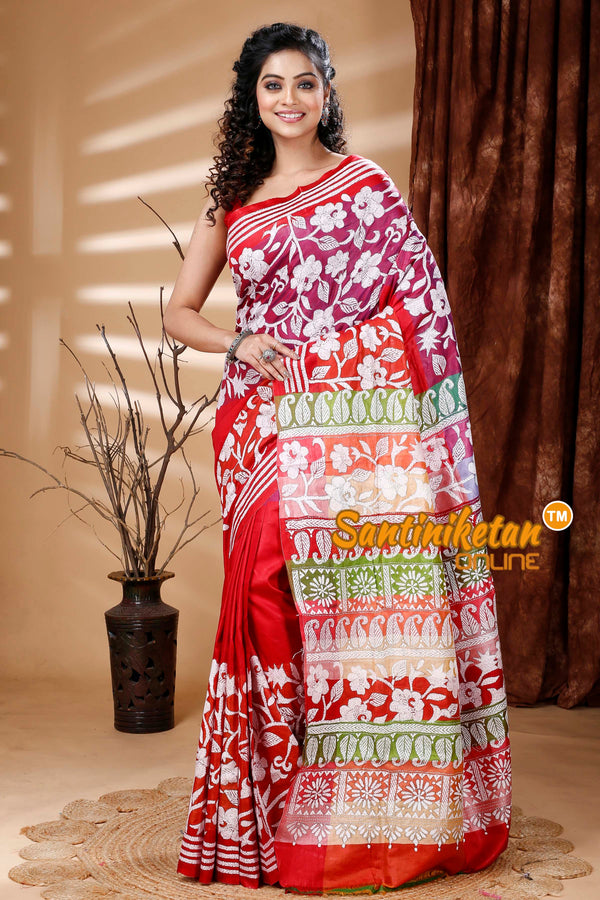 Bishnupuri (Katan) Silk Kantha Stitch Saree SN202313765