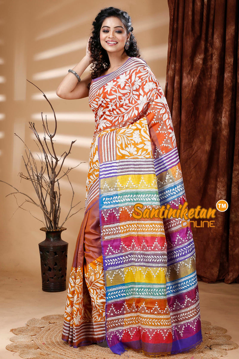 Bishnupuri (Katan) Silk Kantha Stitch Saree SN202313779
