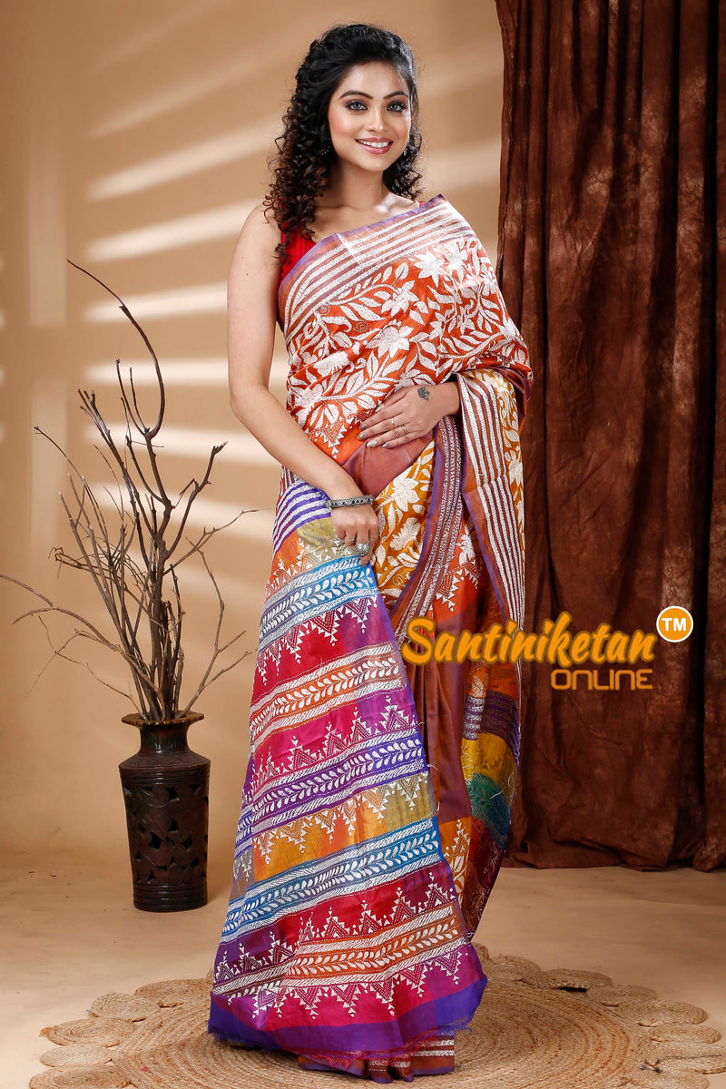 Bishnupuri (Katan) Silk Kantha Stitch Saree SN202313779