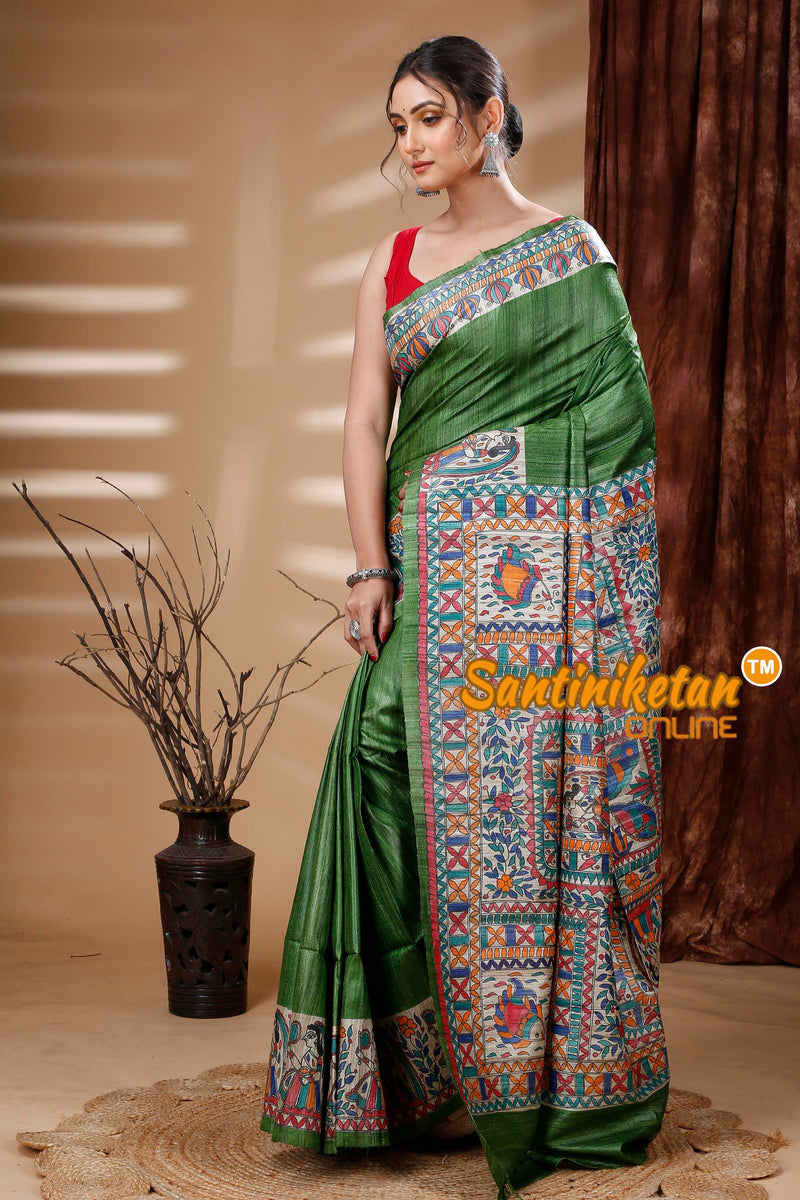 Pure Ghicha Tussar Silk Handcrafted Madhubani Saree SN202313814