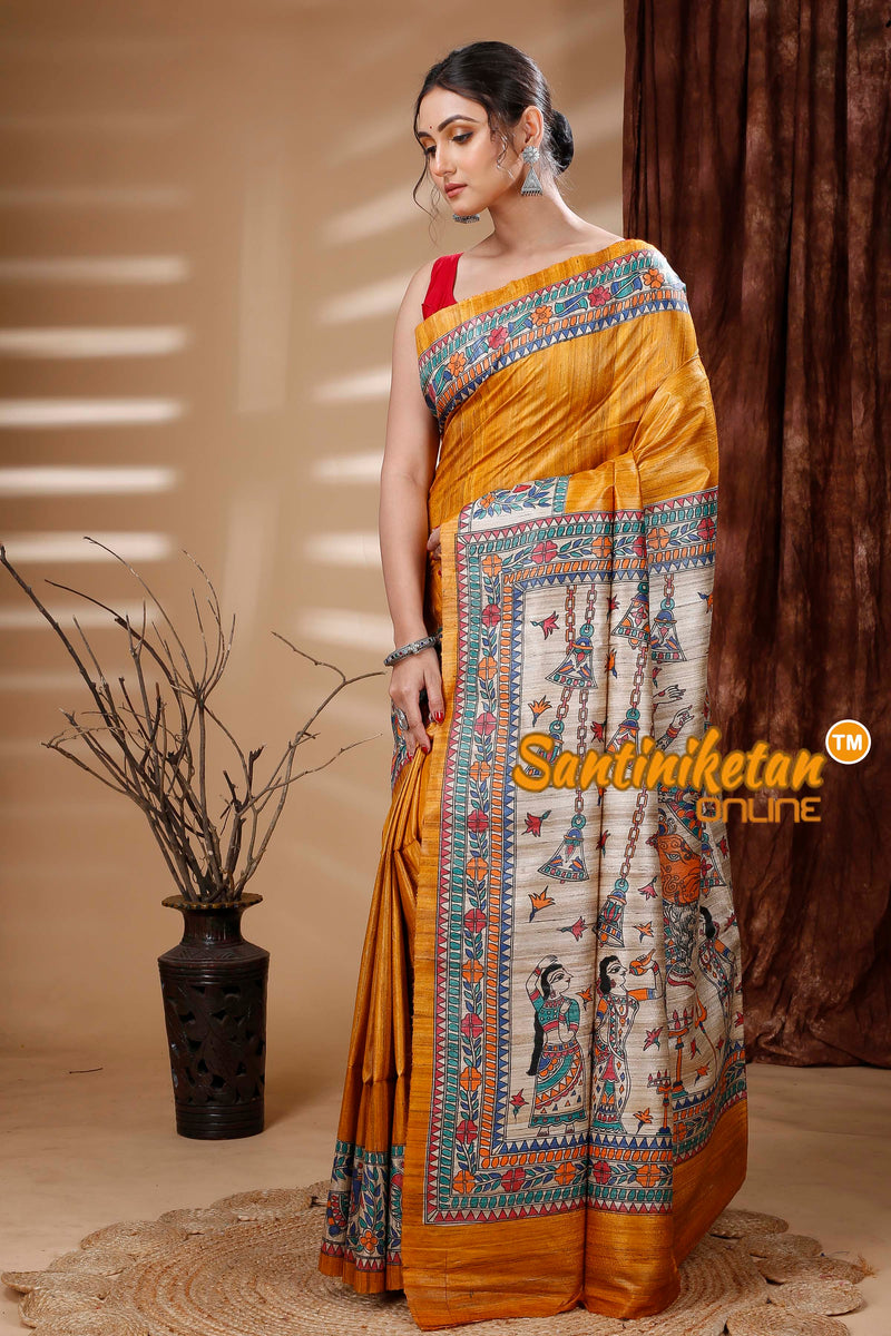 Pure Ghicha Tussar Silk Handcrafted Madhubani Saree SN202313819