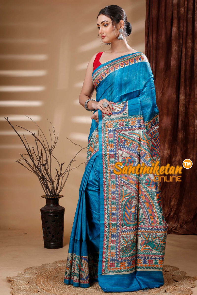 Pure Ghicha Tussar Silk Handcrafted Madhubani Saree SN202313824