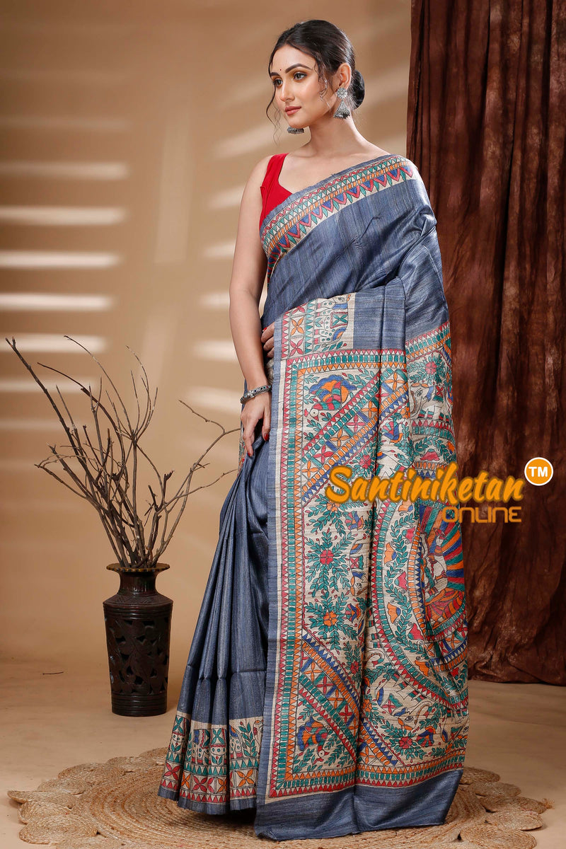 Pure Ghicha Tussar Silk Handcrafted Madhubani Saree SN202313829