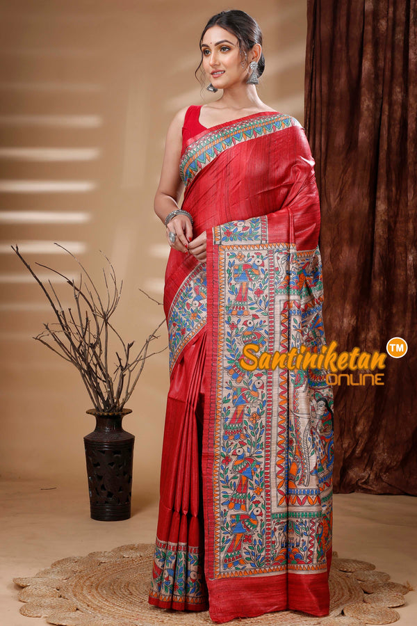 Madhubani Print Muga Silk Bandhani Saree In Red And White Color – Sankalp  The Bandhej Shoppe