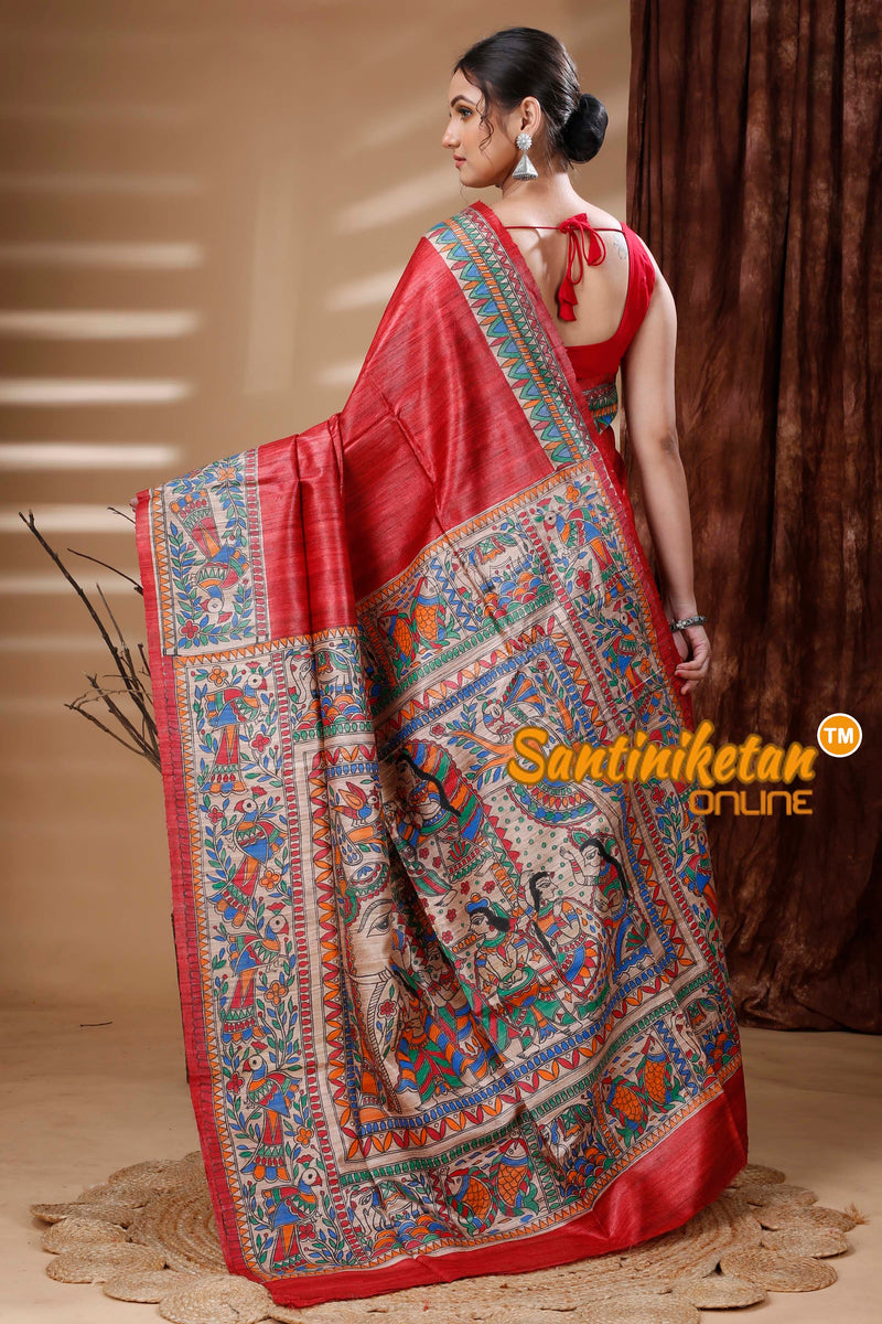 Pure Ghicha Tussar Silk Handcrafted Madhubani Saree SN202313834