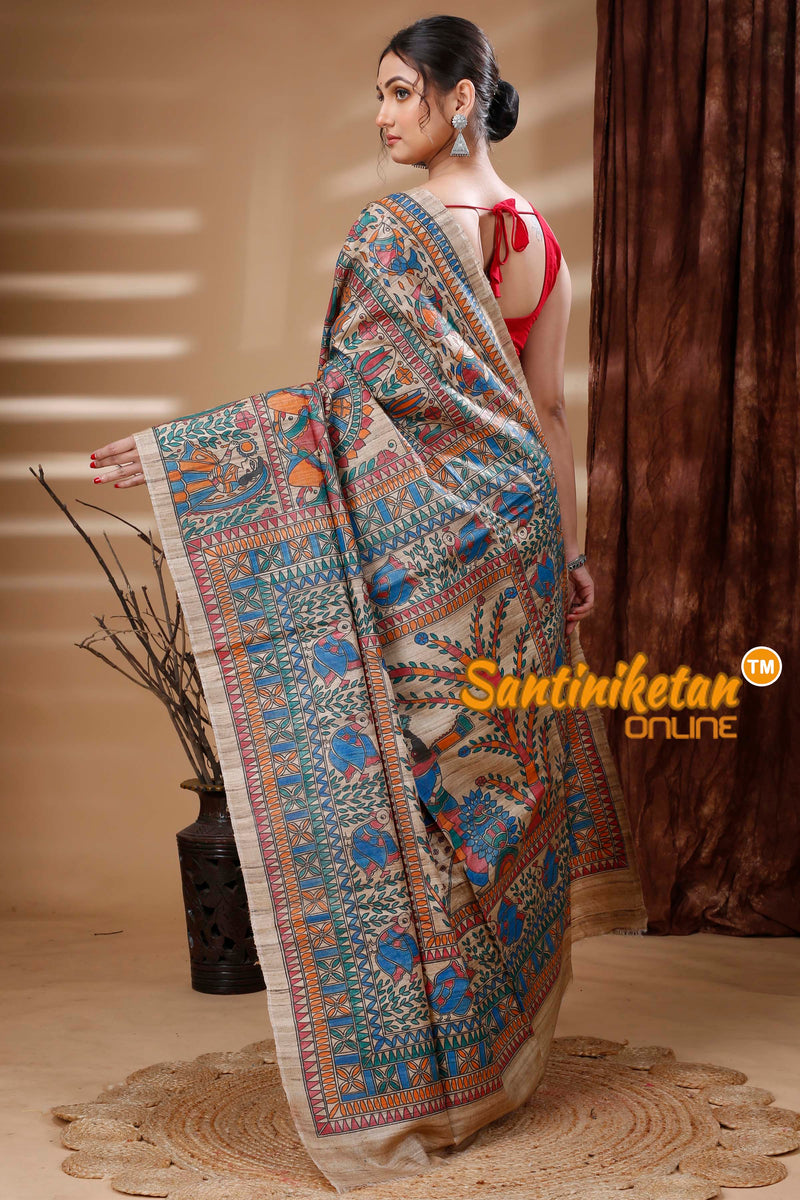 Pure Ghicha Tussar Silk Handcrafted Madhubani Saree SN202313854