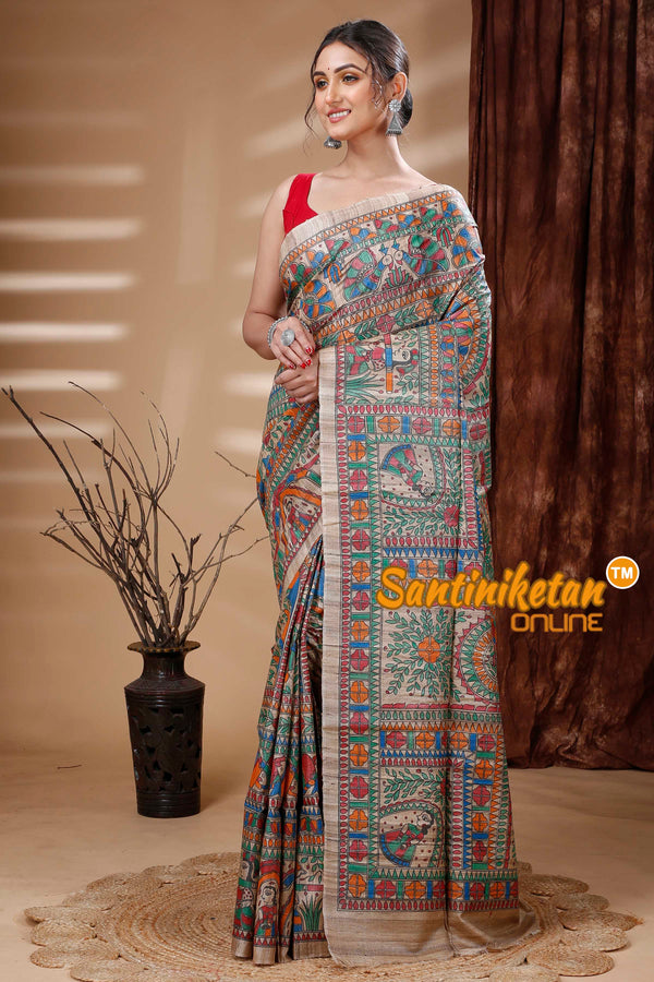 Pure Ghicha Tussar Silk Handcrafted Madhubani Saree SN202313865