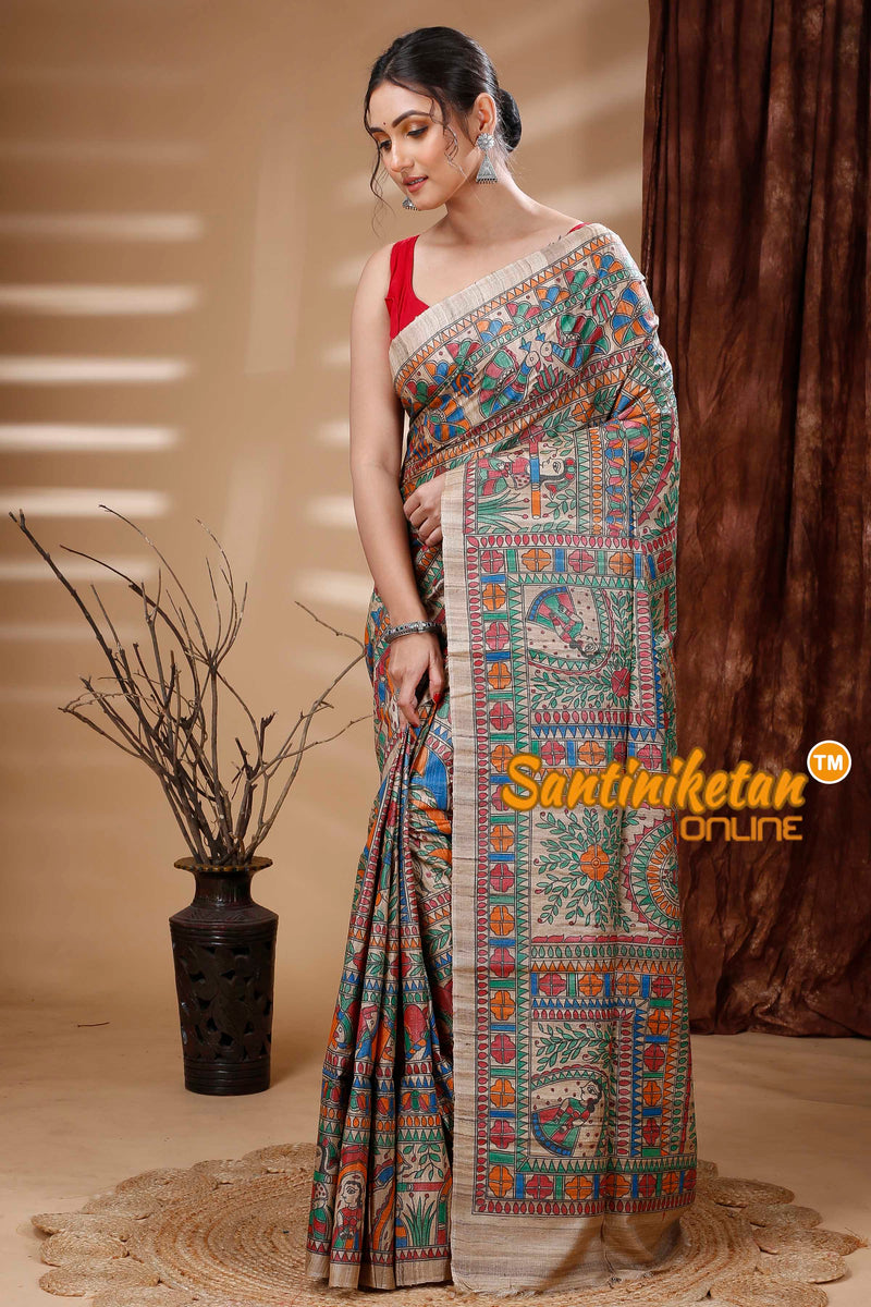 Pure Ghicha Tussar Silk Handcrafted Madhubani Saree SN202313865