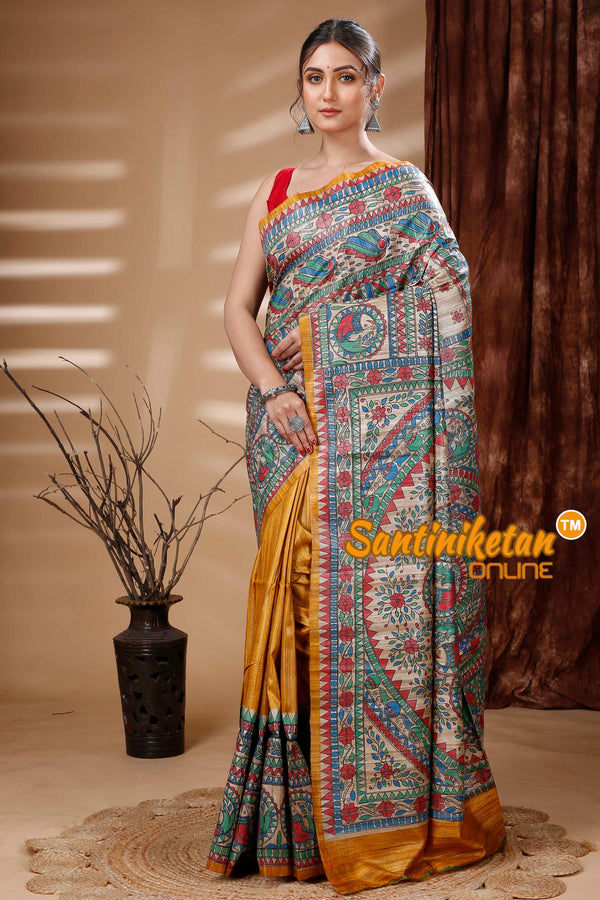 Pure Ghicha Tussar Silk Handcrafted Madhubani Saree SN202313886