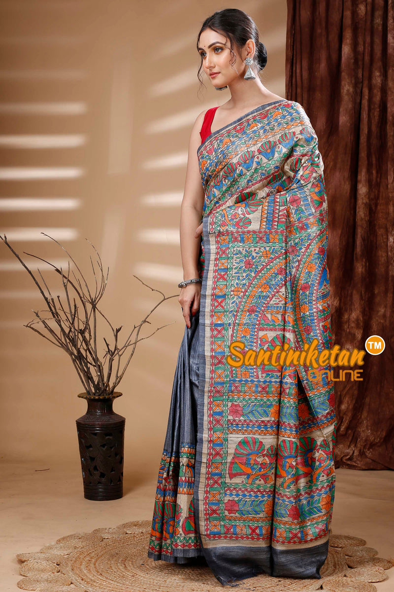Pure Ghicha Tussar Silk Handcrafted Madhubani Saree SN202313891