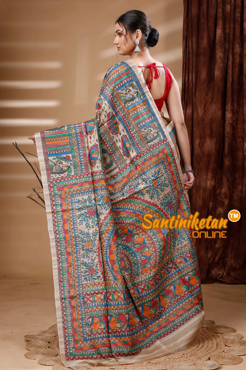 Pure Ghicha Tussar Silk Handcrafted Madhubani Saree SN202313901