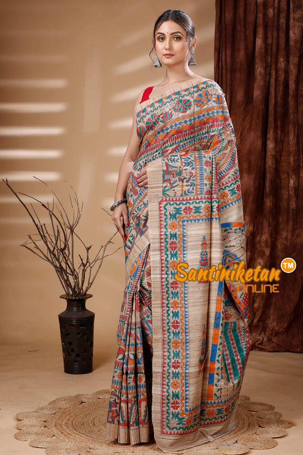Pure Ghicha Tussar Silk Handcrafted Madhubani Saree SN202313906