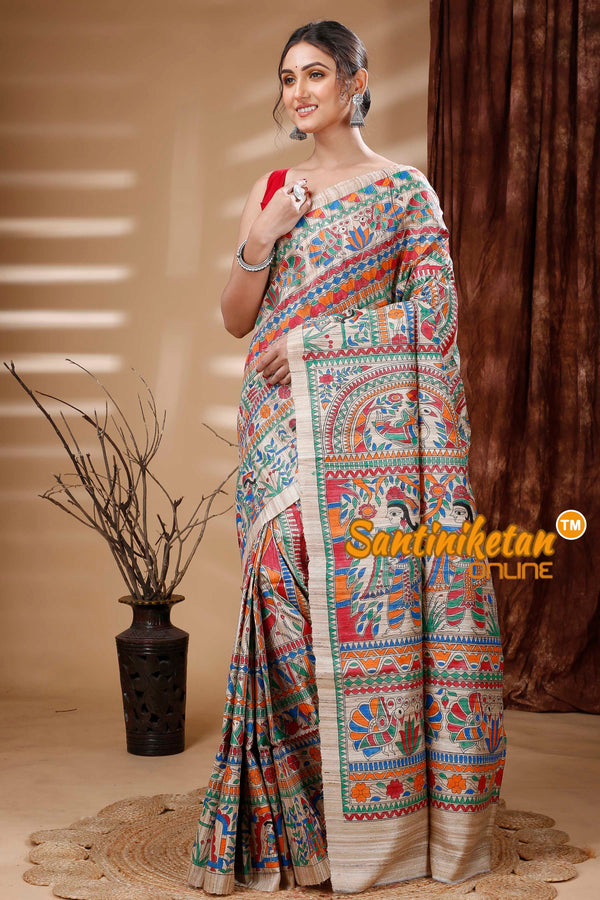 Pure Ghicha Tussar Silk Handcrafted Madhubani Saree SN202313911
